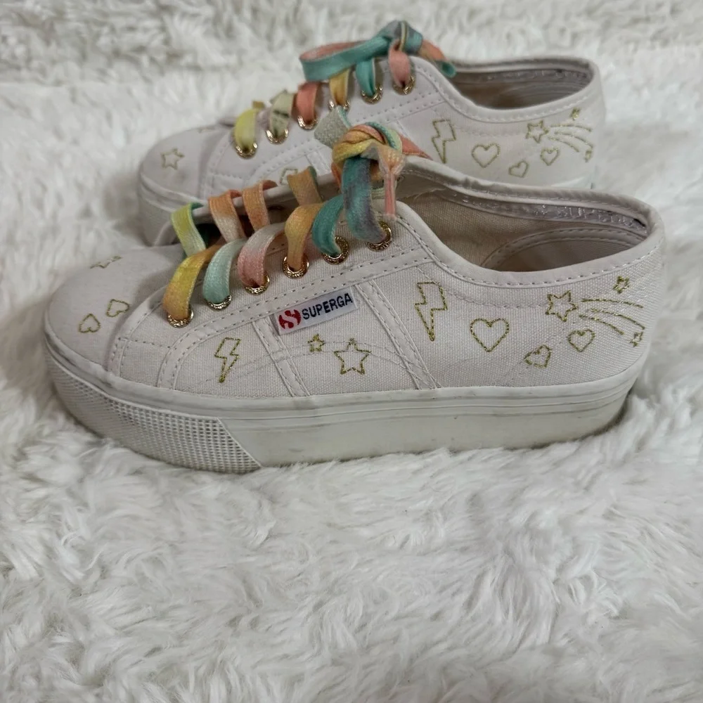Superga White Platform Sneakers with Multicolor Laces Size 6